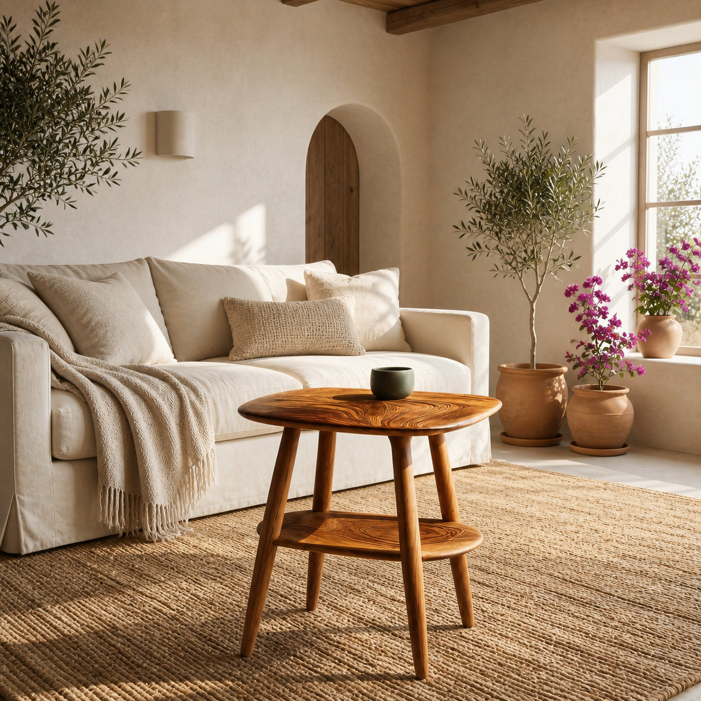 Contemporary Wooden Side Table With Curved Silhouette For Living