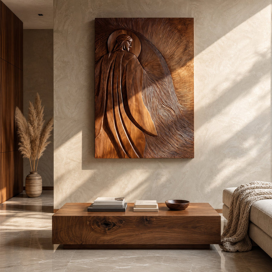 Contemporary Wooden Wall Art With Carved Figure For Living Room
