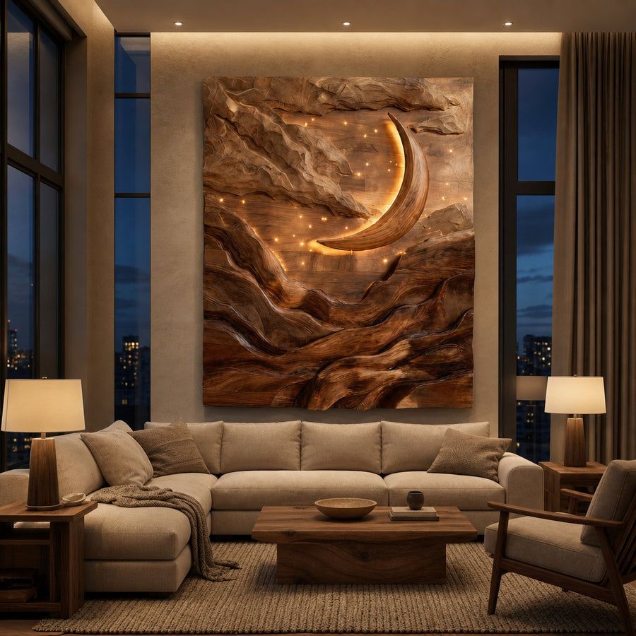 Crescent Moon Mountain Wood Wall Art For Living Decor