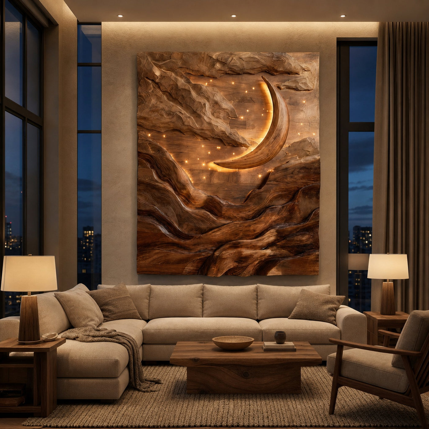 Crescent Moon Mountain Wood Wall Art For Living Decor