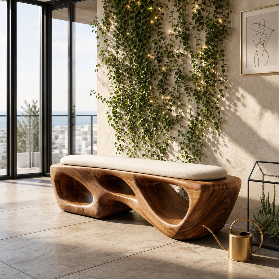 Curved Solid Wood Bench Luxury Living Room