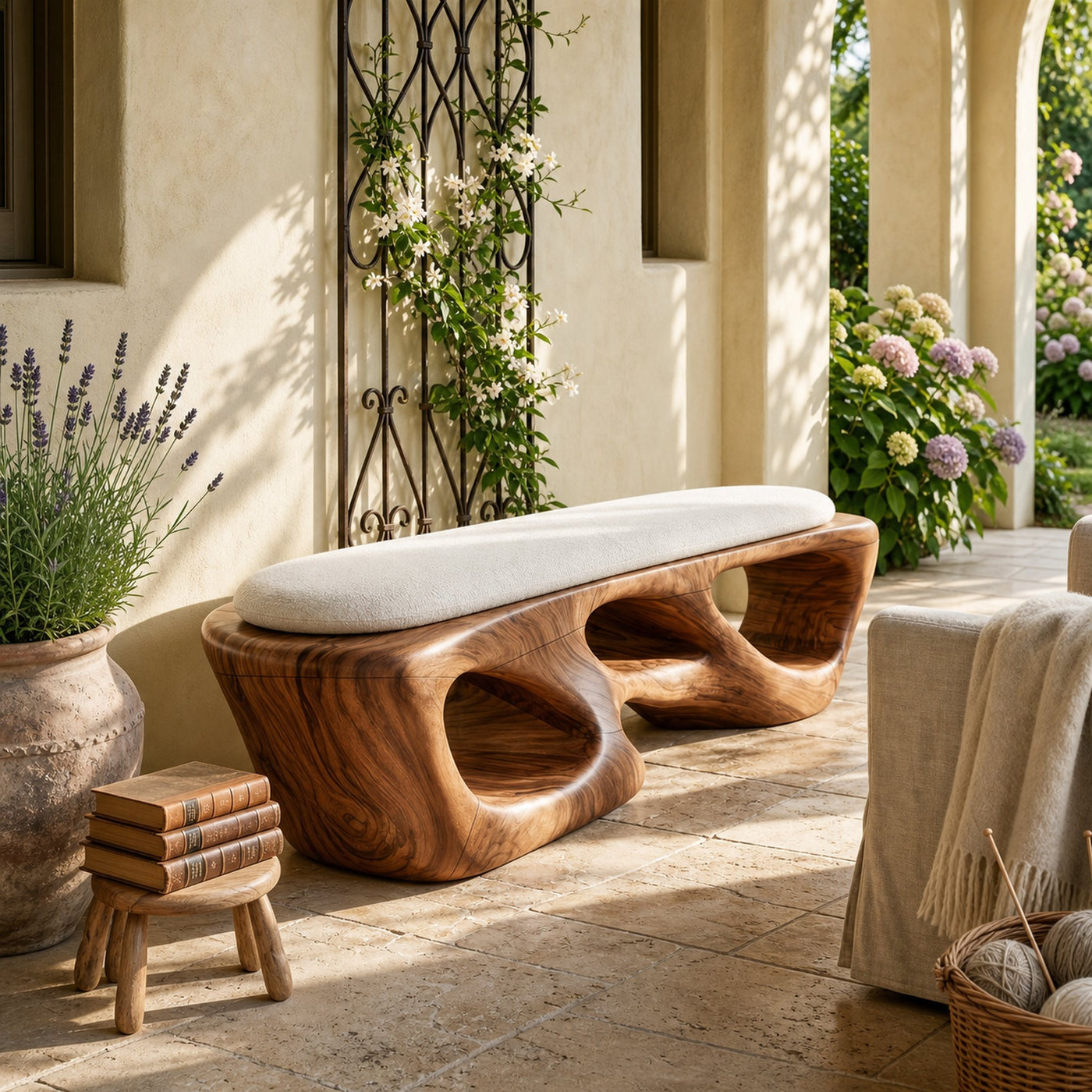 Curved Solid Wood Bench Luxury Living Room - product view 6