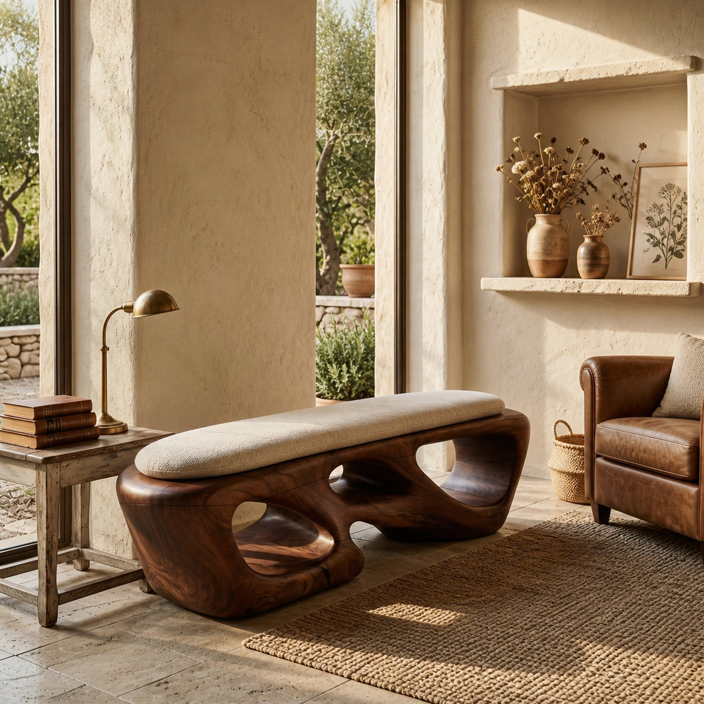 Curved Solid Wood Bench Luxury Living Room - product view 7