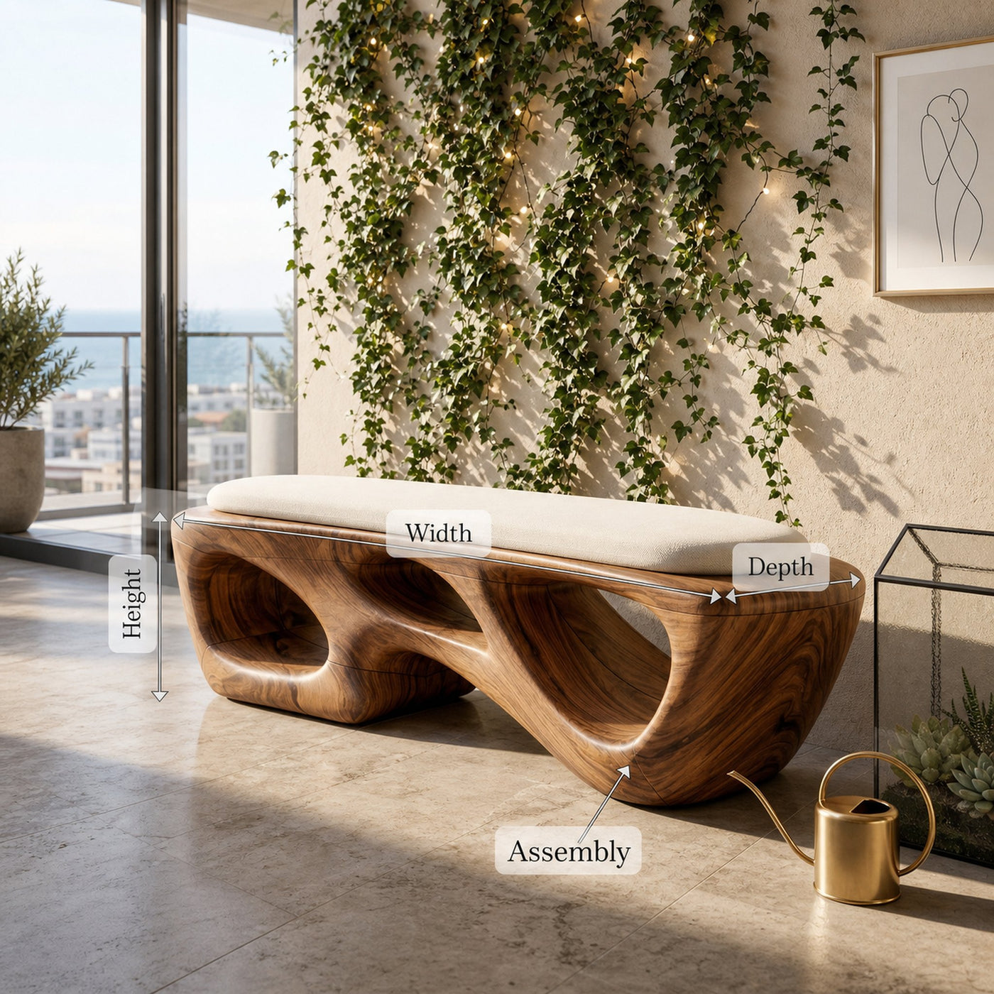 Curved Solid Wood Bench Luxury Living Room - product view 8