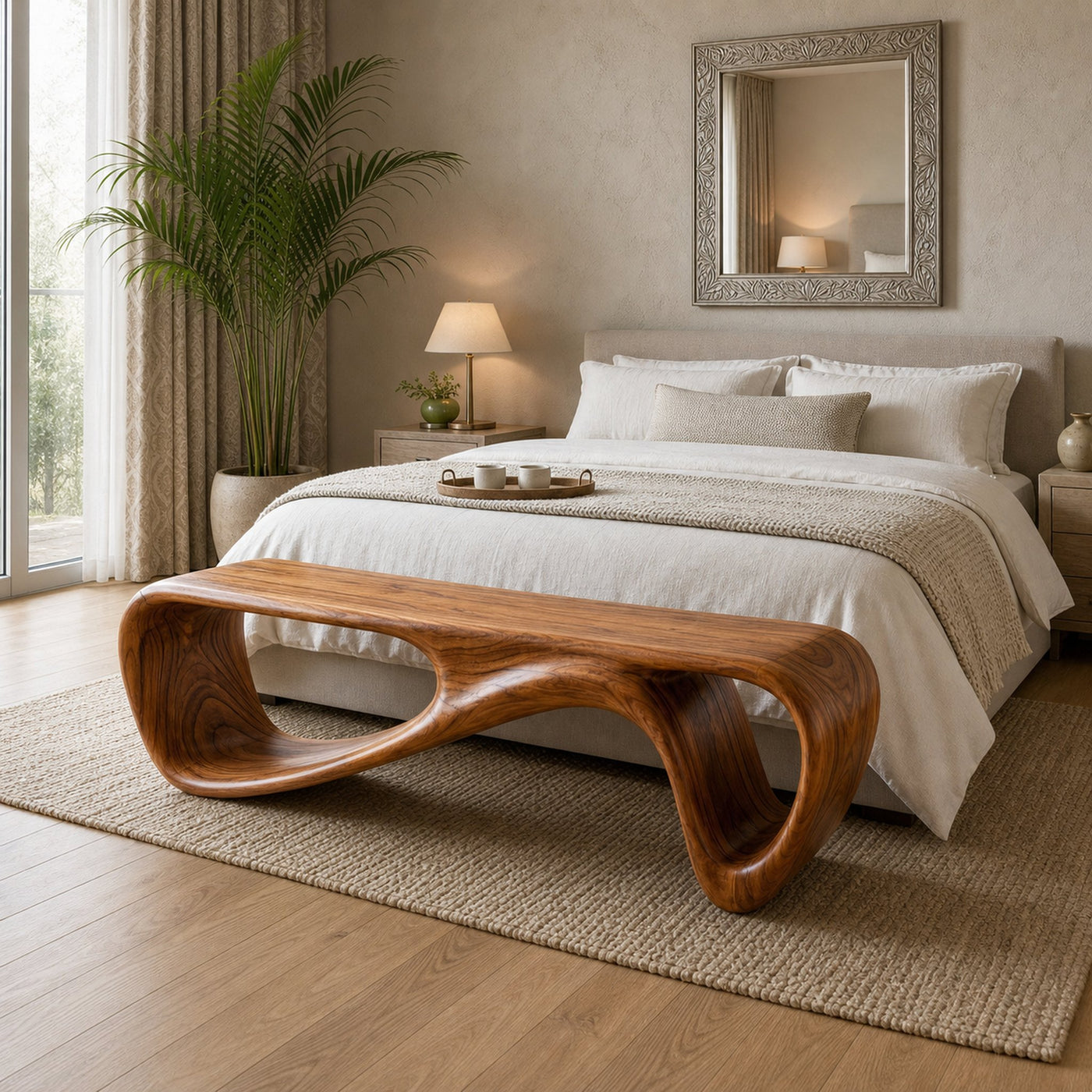 Curved Wooden Bench For Minimalist Living Room Decor