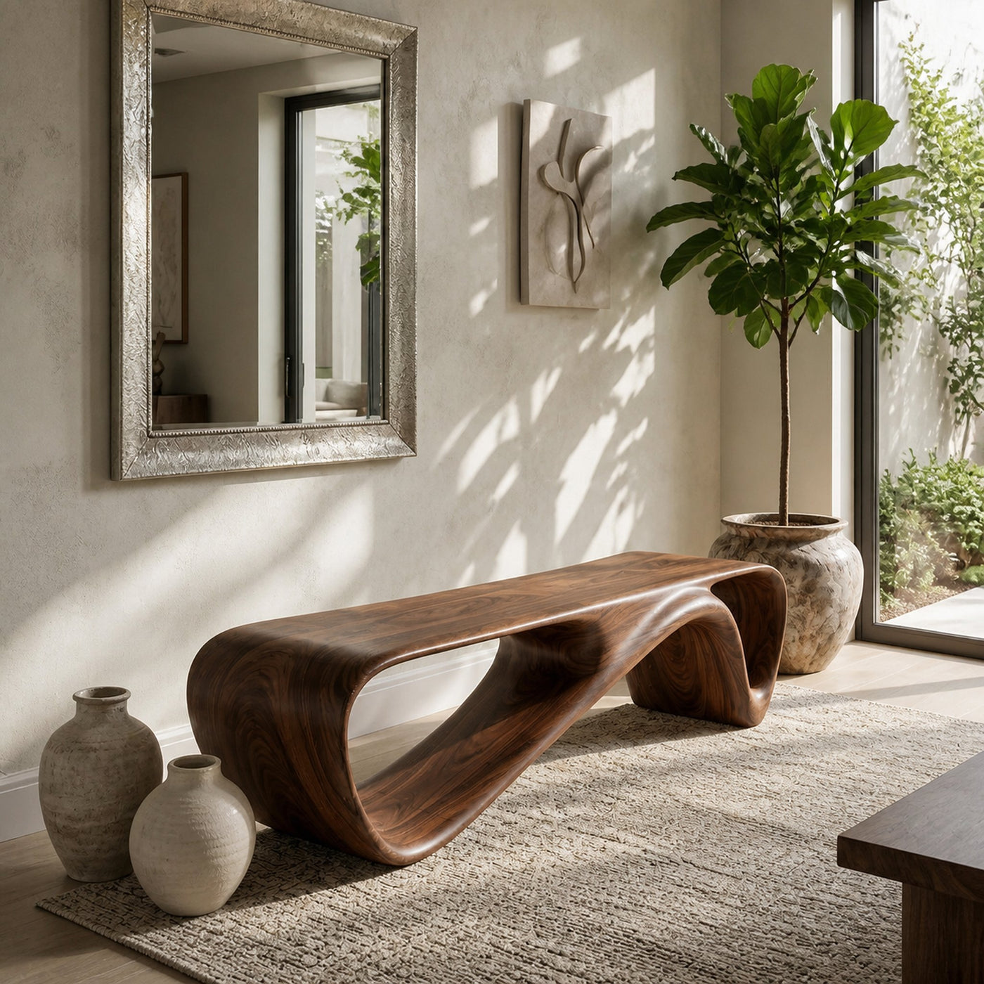 Curved Wooden Bench For Minimalist Living Room Decor - product view 7
