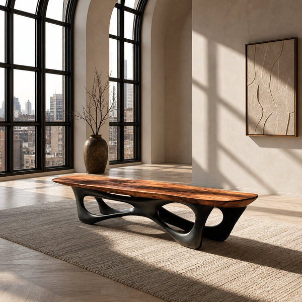 Curved Wooden Statement Bench For Modern Apartment