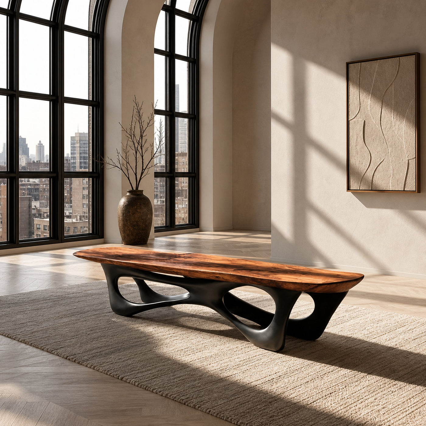 Curved Wooden Statement Bench For Modern Apartment