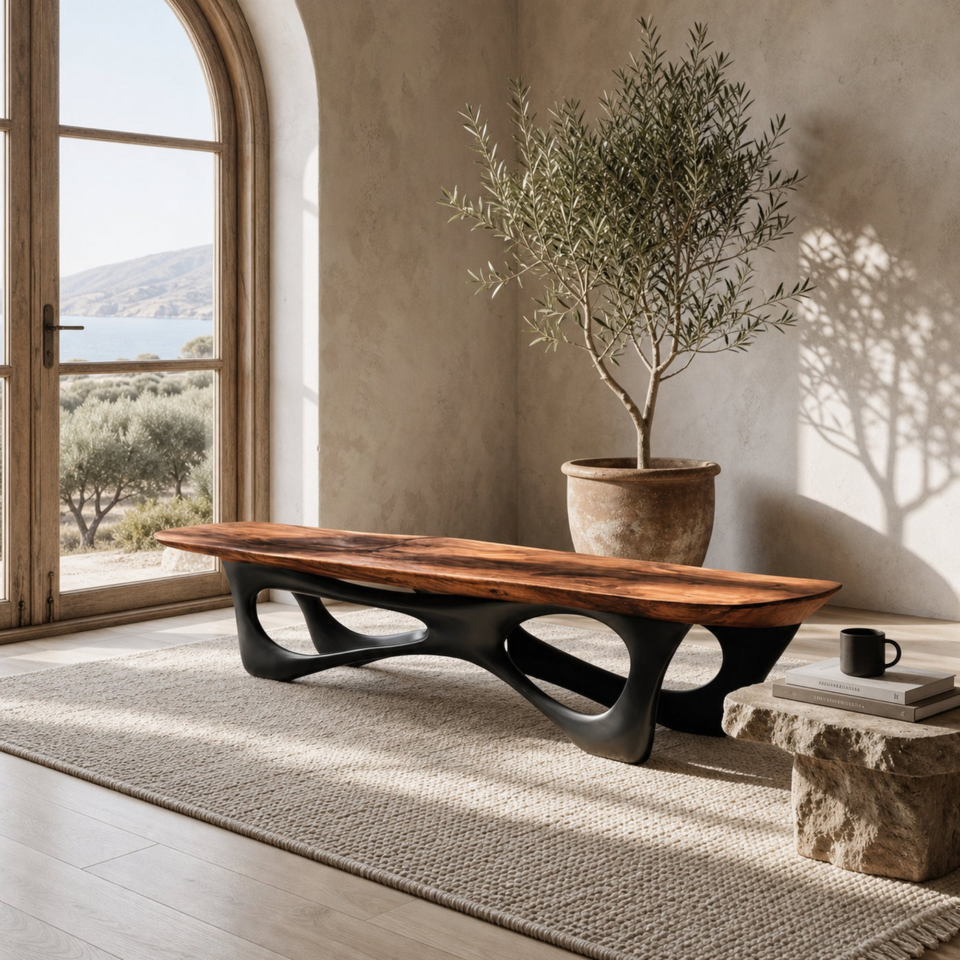 Curved Wooden Statement Bench For Modern Apartment - product view 7