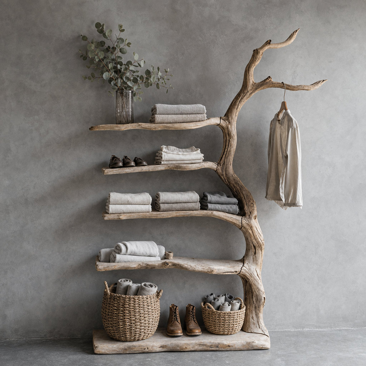 Driftwood Tree Branch Coat Rack With Shelf Shoe Storage