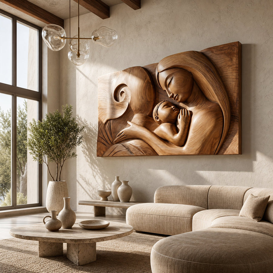 Elegant Mother Child Wood Wall Art Warm Living Room Decor