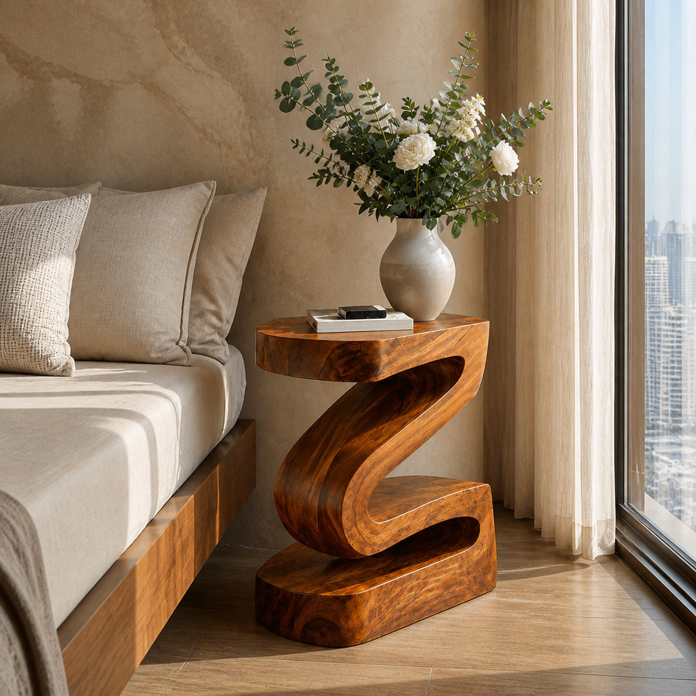 Elegant Natural Wood Nightstand With Curved Form For Bedroom