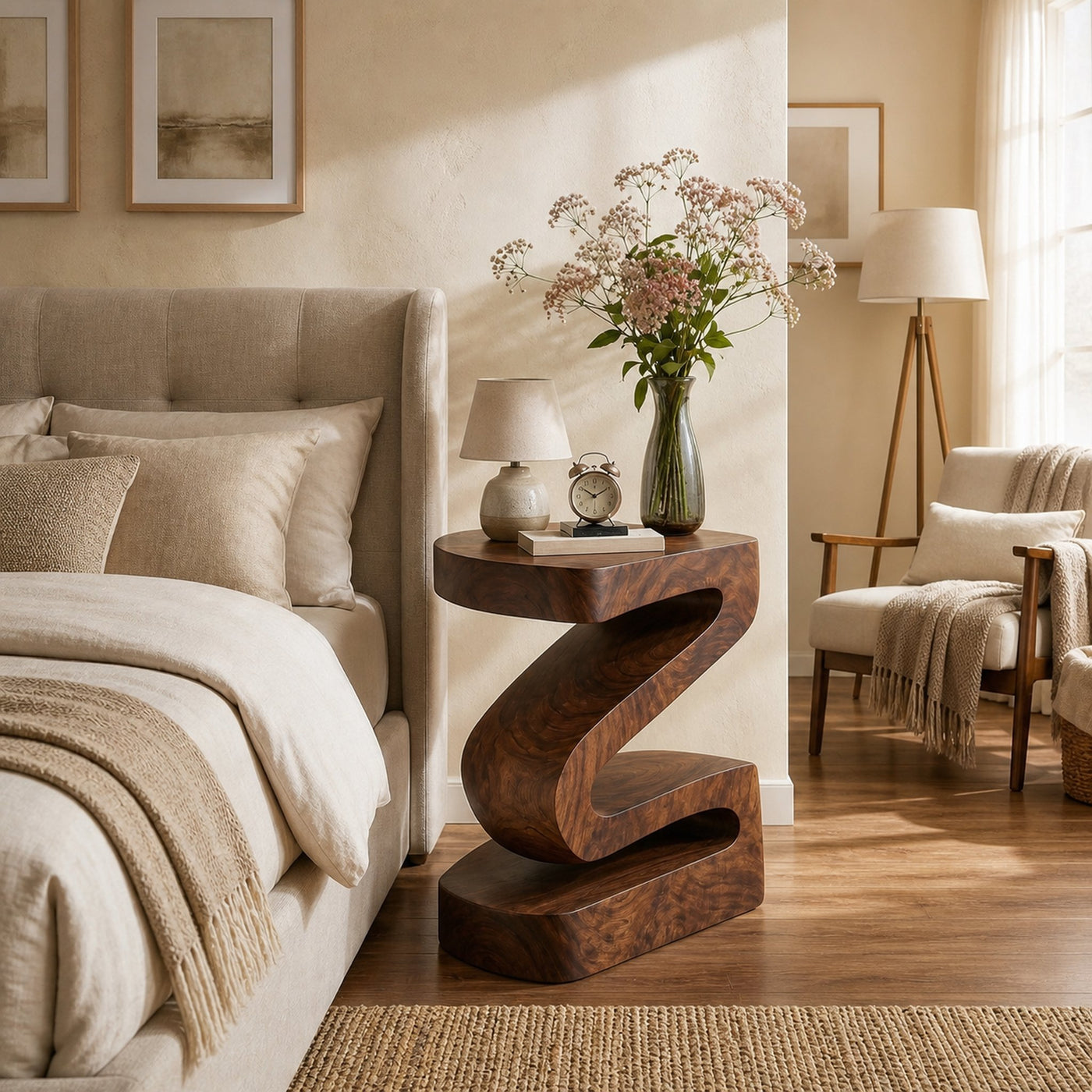 Elegant Natural Wood Nightstand With Curved Form For Bedroom - product view 7
