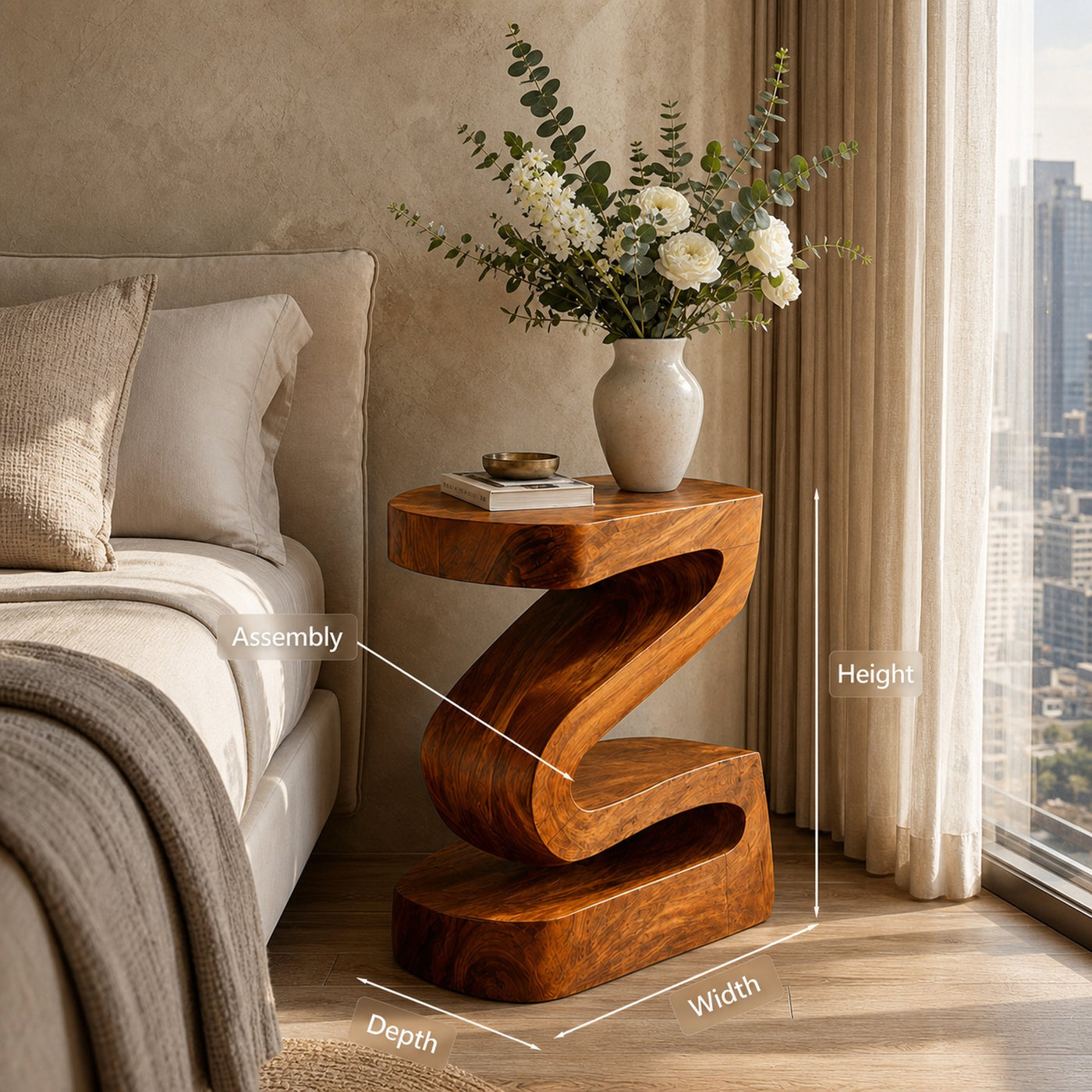 Elegant Natural Wood Nightstand With Curved Form For Bedroom - product view 8
