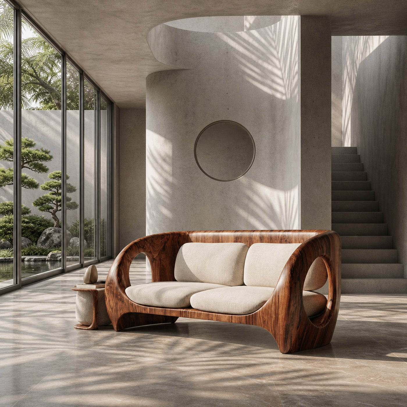 Elegant Sculptural Wooden Sofa For Quiet Luxury Interior
