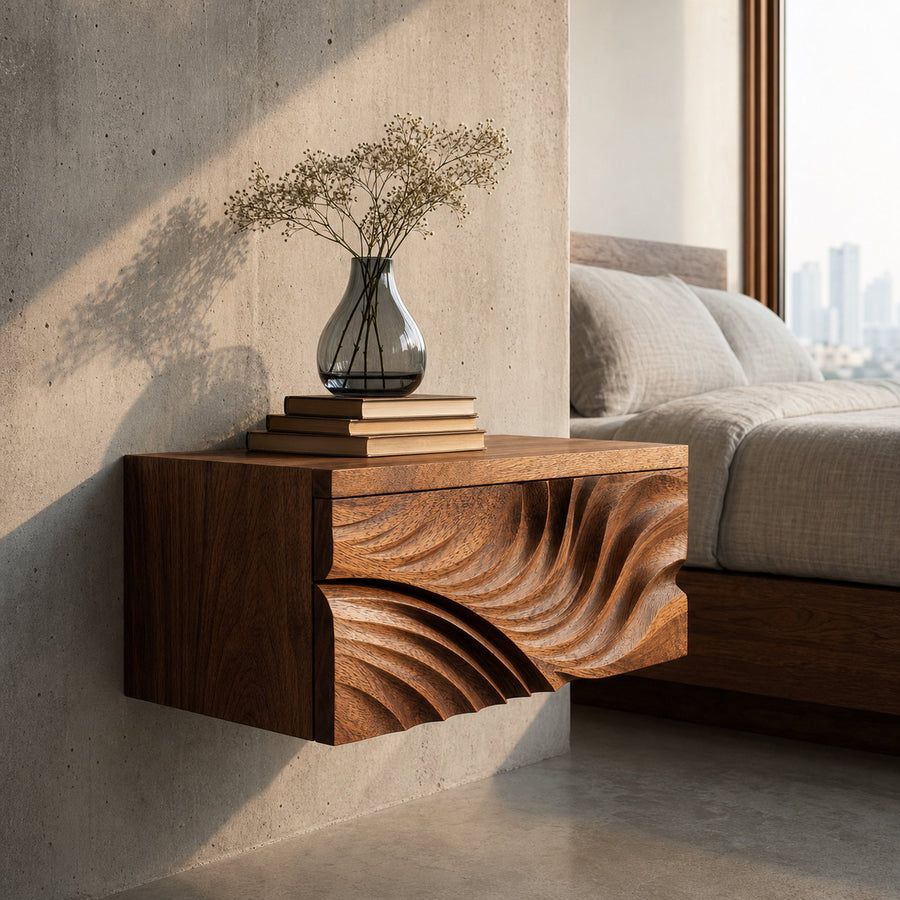 Elegant Wooden Floating Nightstand With Carved Front For Bedroom