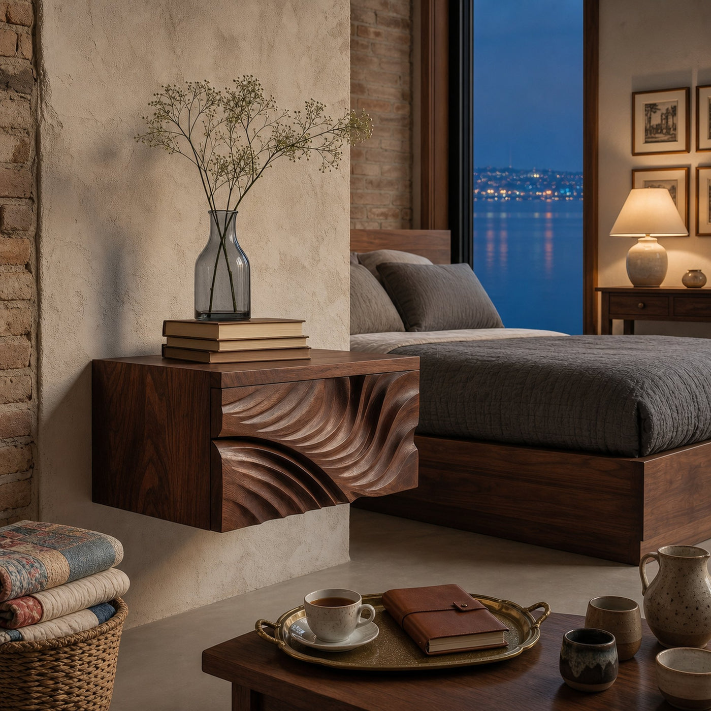 Elegant Wooden Floating Nightstand With Carved Front For Bedroom - product view 7