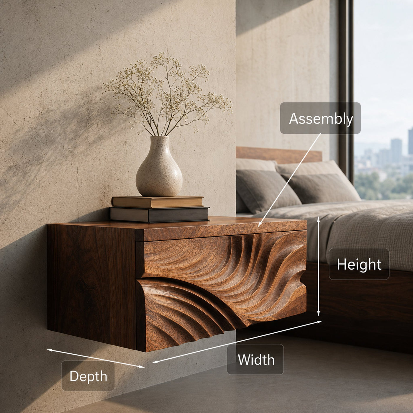 Elegant Wooden Floating Nightstand With Carved Front For Bedroom - product view 8