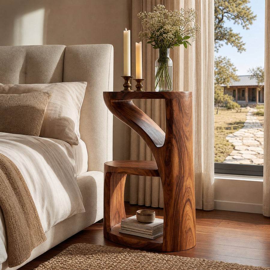 Elegant Wooden Nightstand With Sculptural Two Level For Bedroom