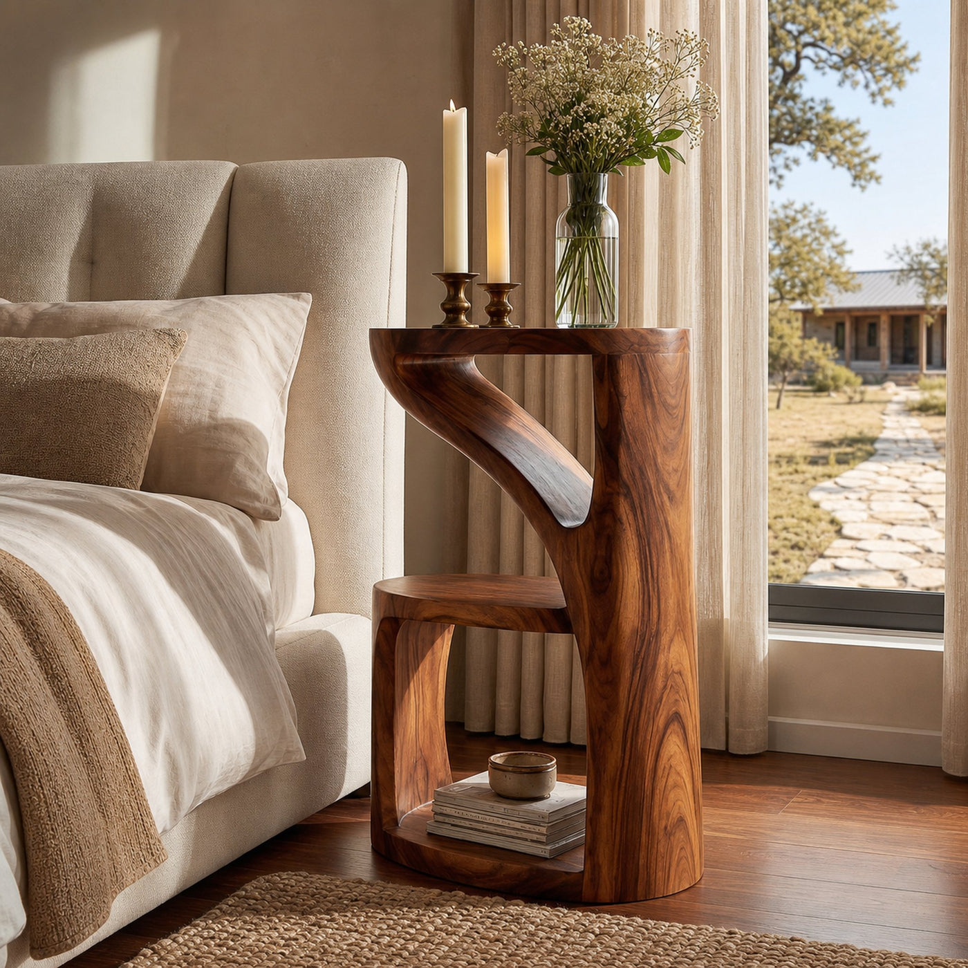 Elegant Wooden Nightstand With Sculptural Two Level For Bedroom