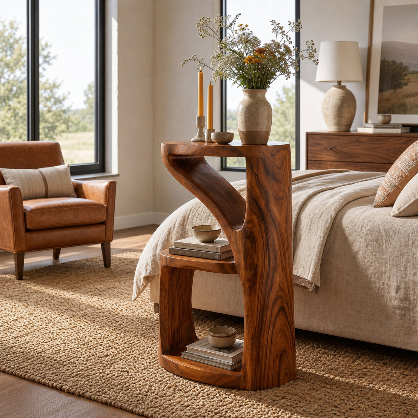 Elegant Wooden Nightstand With Sculptural Two Level For Bedroom - product view 6