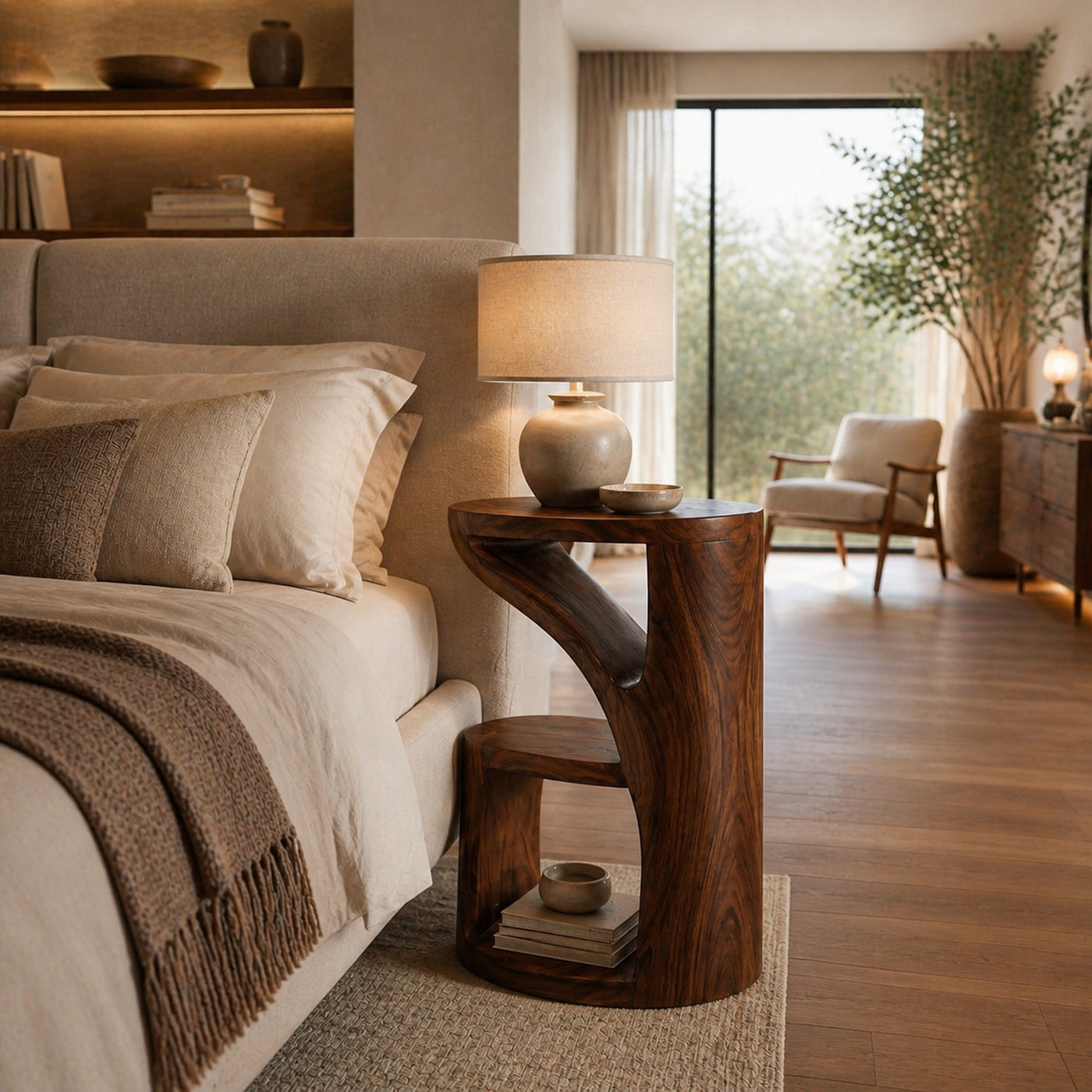 Elegant Wooden Nightstand With Sculptural Two Level For Bedroom - product view 7