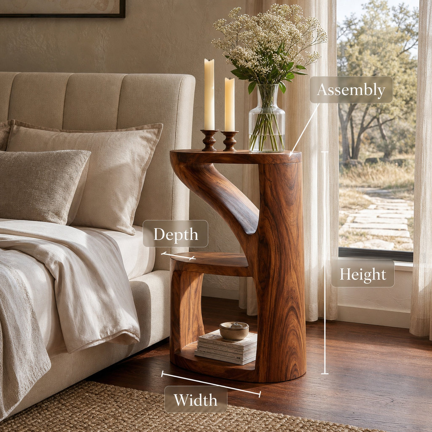 Elegant Wooden Nightstand With Sculptural Two Level For Bedroom - product view 8