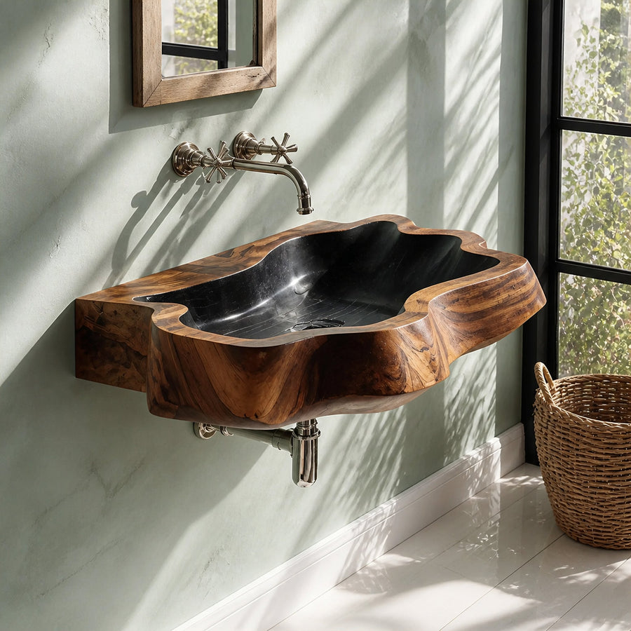 Farmhouse Wall Mounted Wooden Bathroom Sink For Classic Bathroom Design