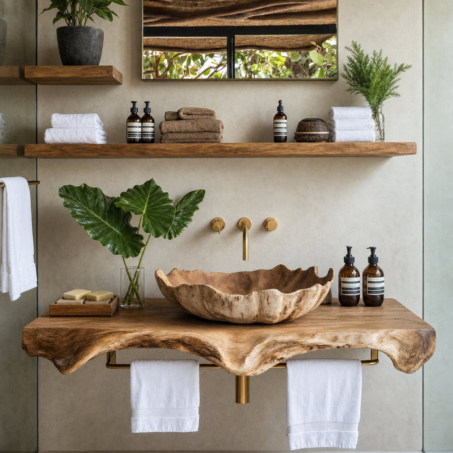 Farmhouse Wooden Vessel Sink For Bathroom Interior Design