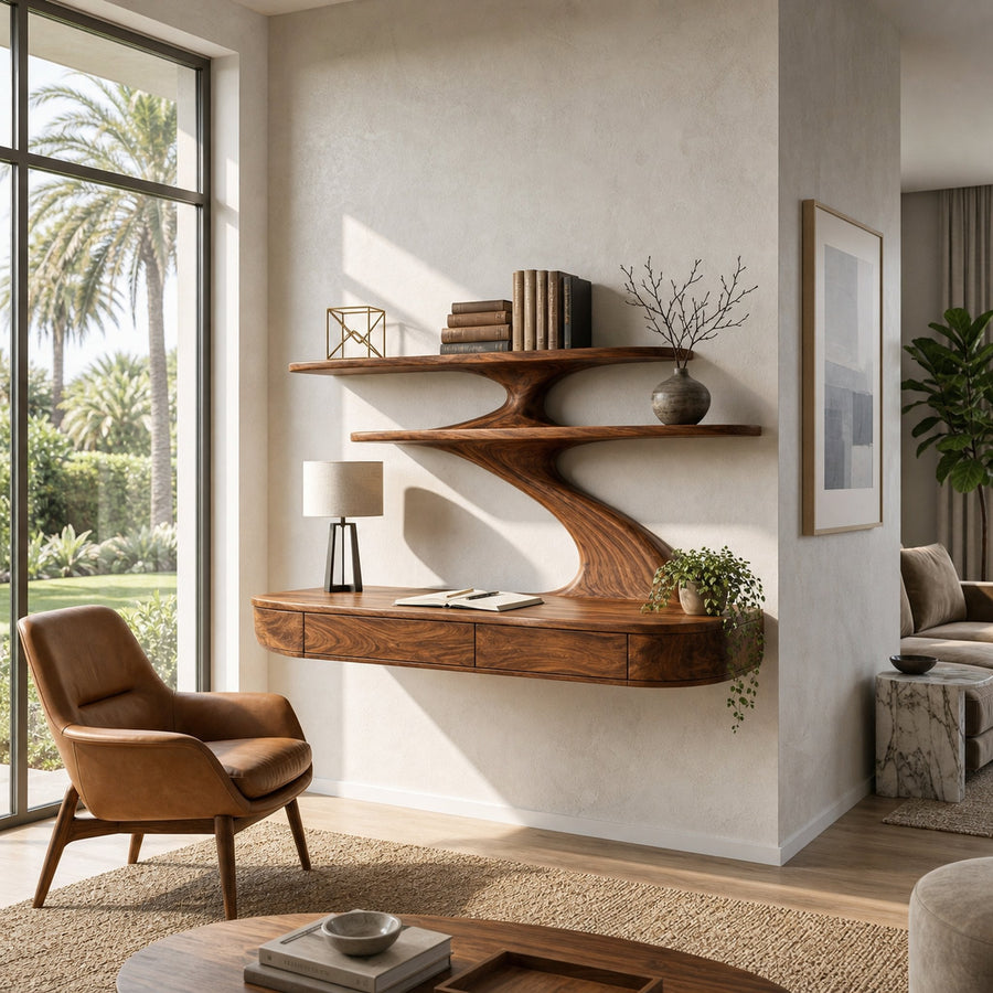 Floating Wooden Desk With Curved Upper Shelf Frame For Workspace