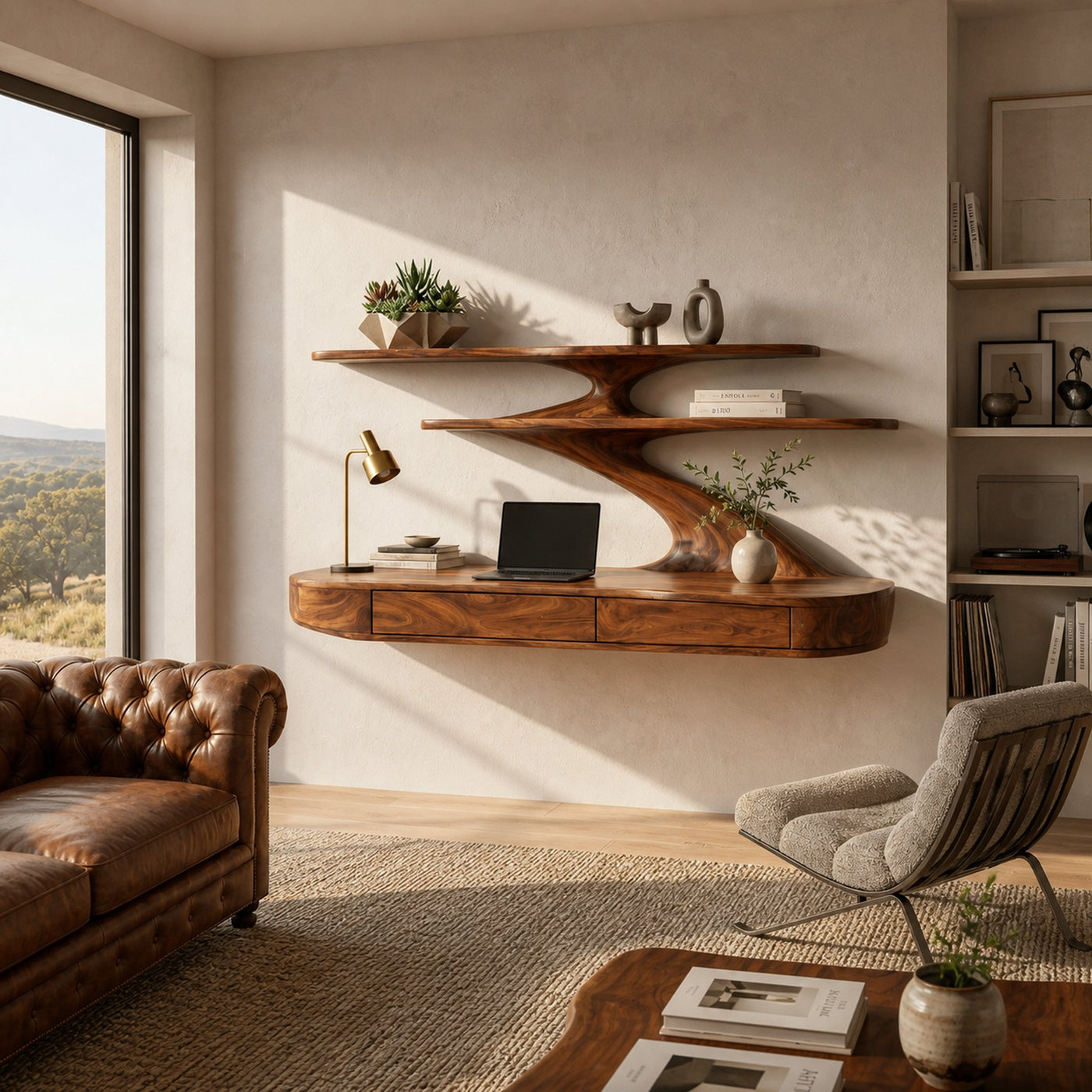 Floating Wooden Desk With Curved Upper Shelf Frame For Workspace - product view 6