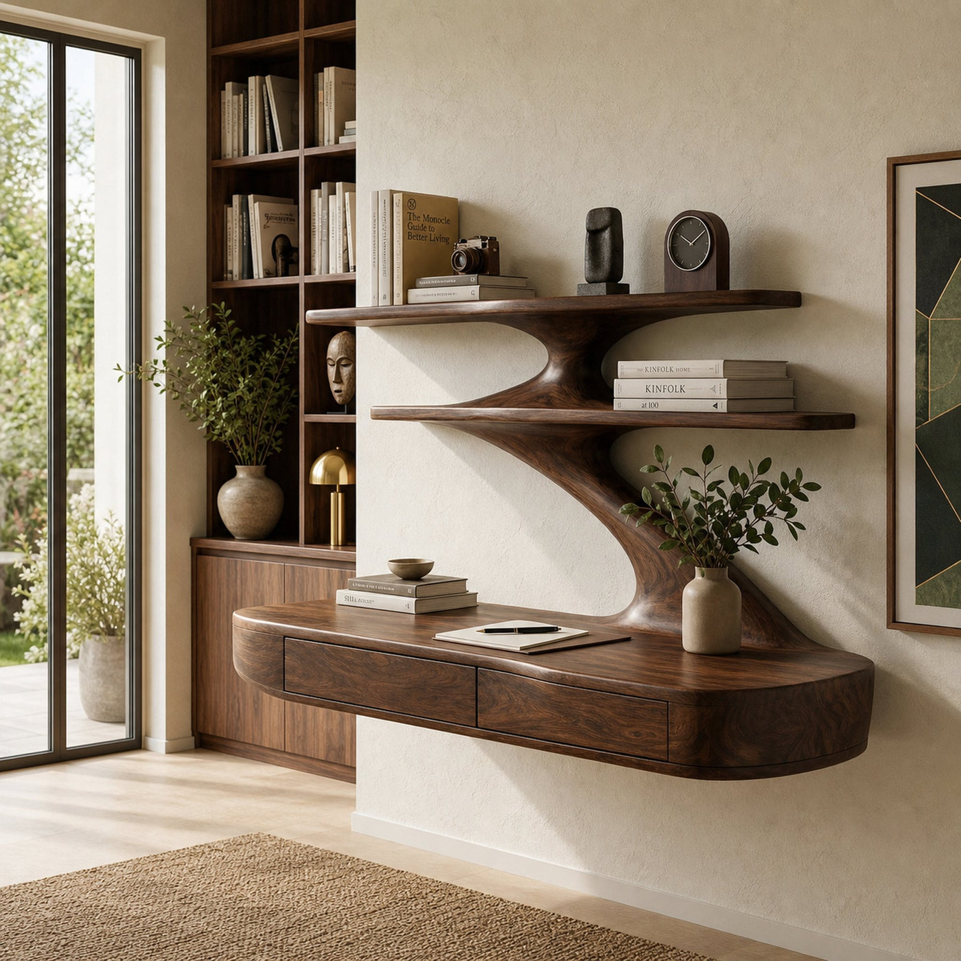 Floating Wooden Desk With Curved Upper Shelf Frame For Workspace - product view 7