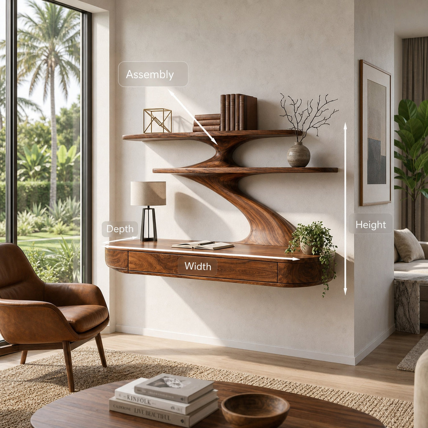 Floating Wooden Desk With Curved Upper Shelf Frame For Workspace - product view 8
