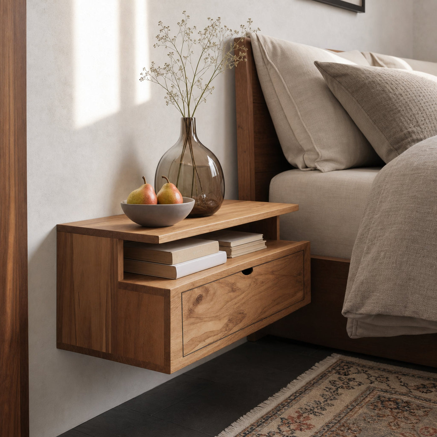 Floating Wooden Nightstand With Drawer And Shelf For Minimalist Bedroom