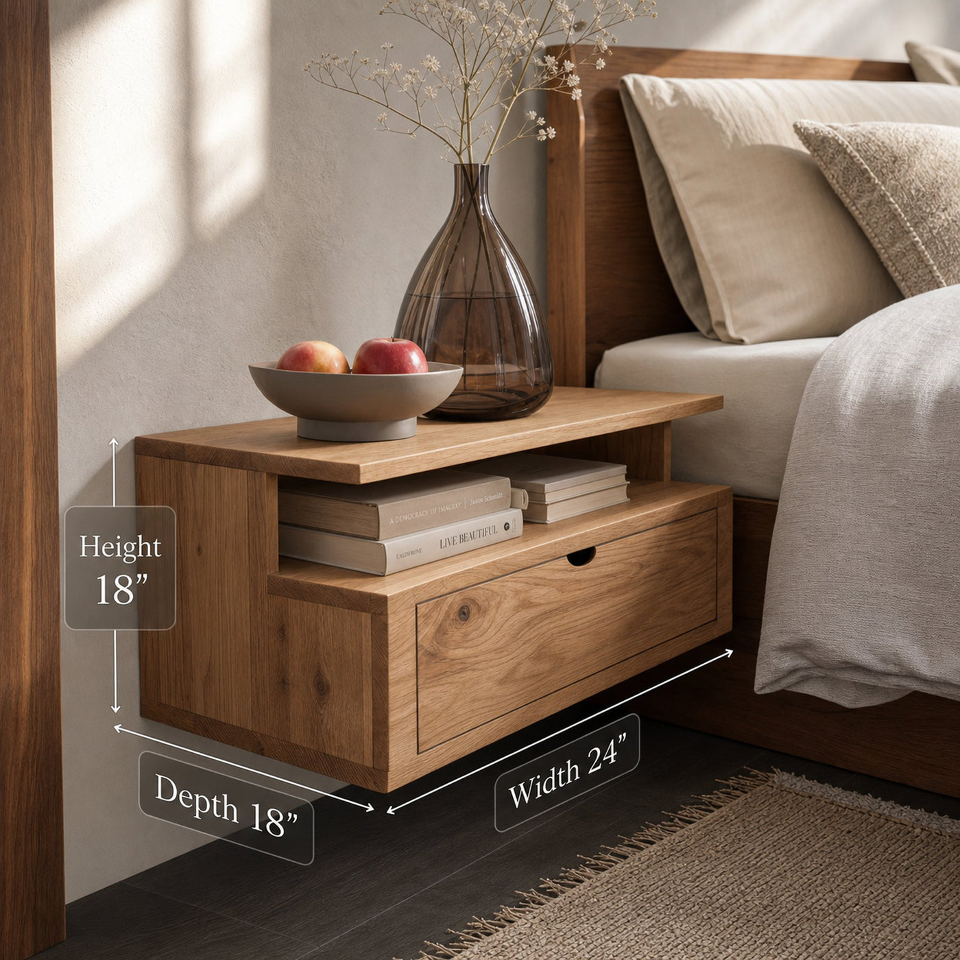 Floating Wooden Nightstand With Drawer And Shelf For Minimalist Bedroom - product view 6