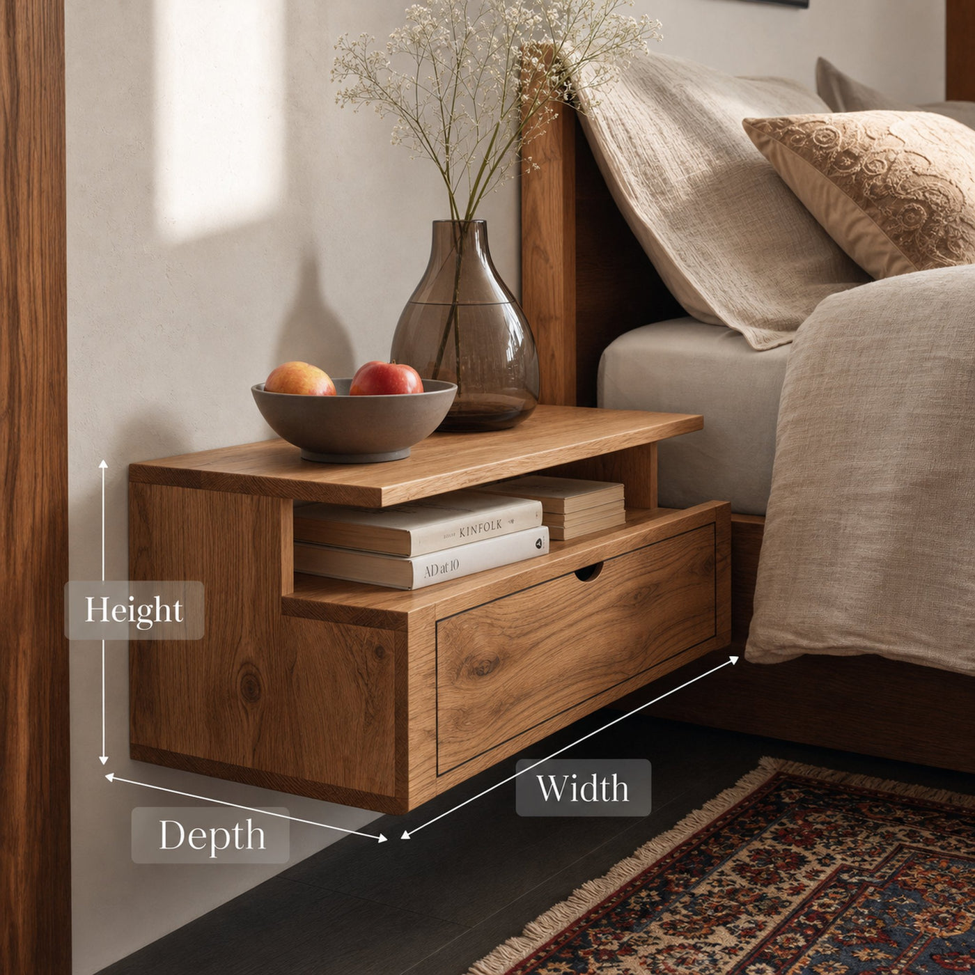 Floating Wooden Nightstand With Drawer And Shelf For Minimalist Bedroom - product view 7