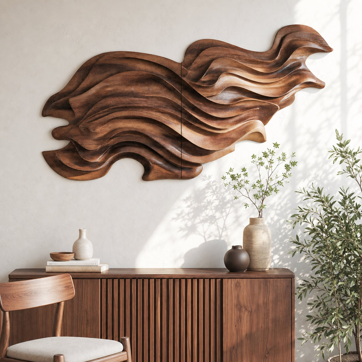 Flowing Wave Wall Sculpture With Abstract Carving For Living Room
