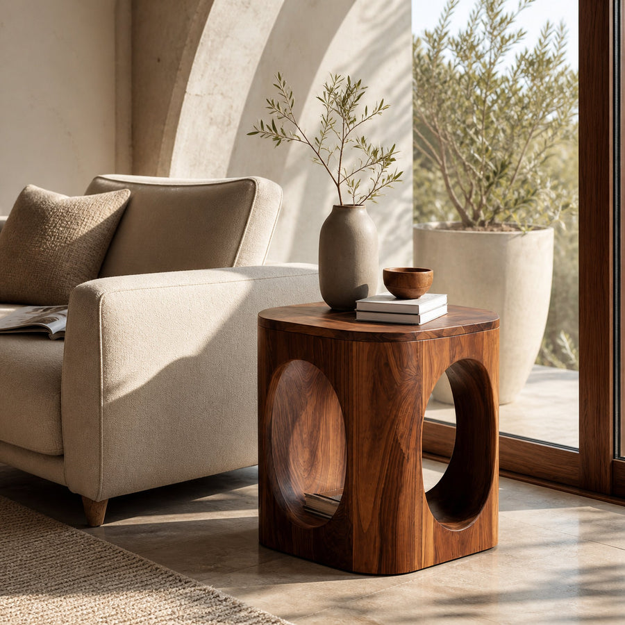 Geometric Carved Natural Wood Side Table For Living Room