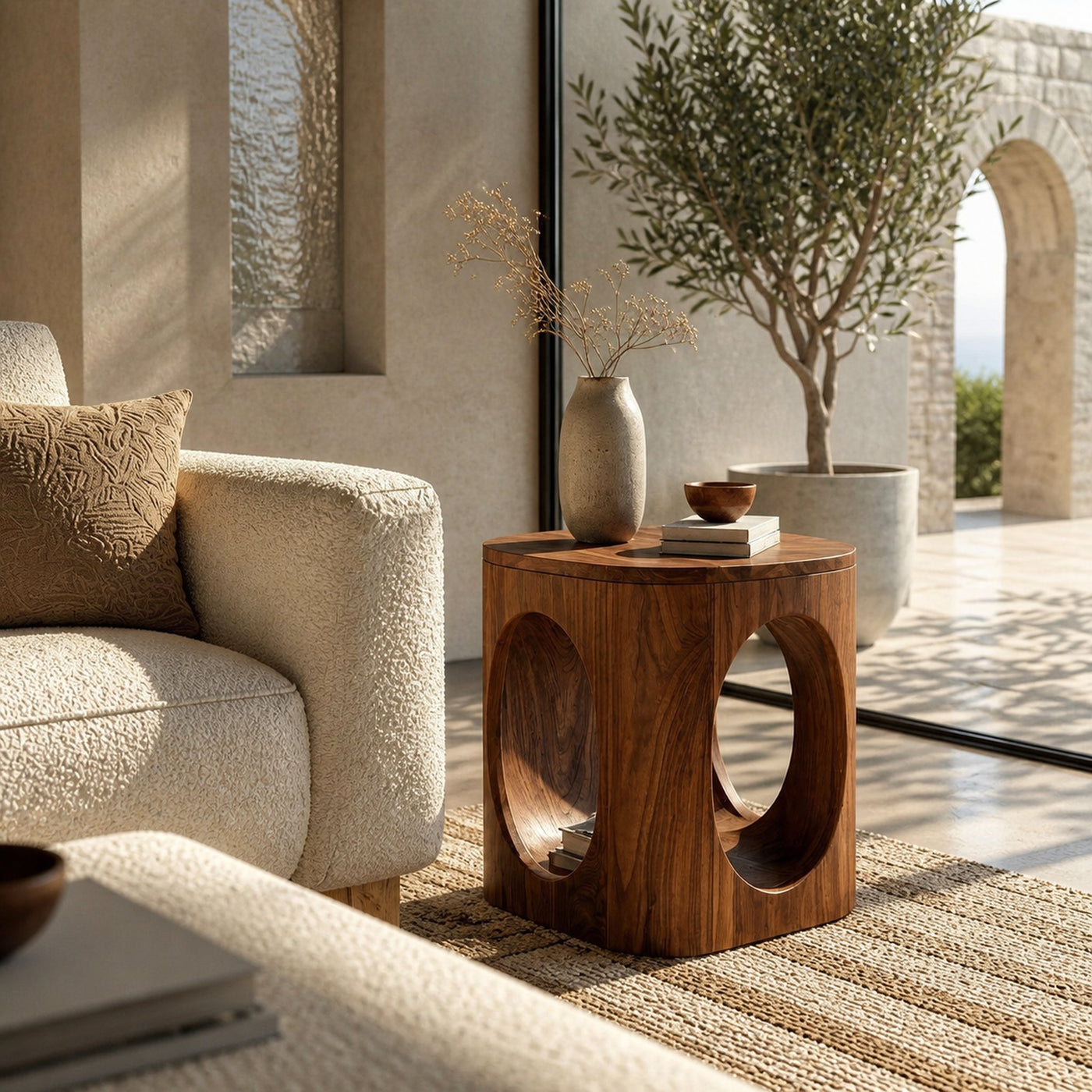 Geometric Carved Natural Wood Side Table For Living Room - product view 6