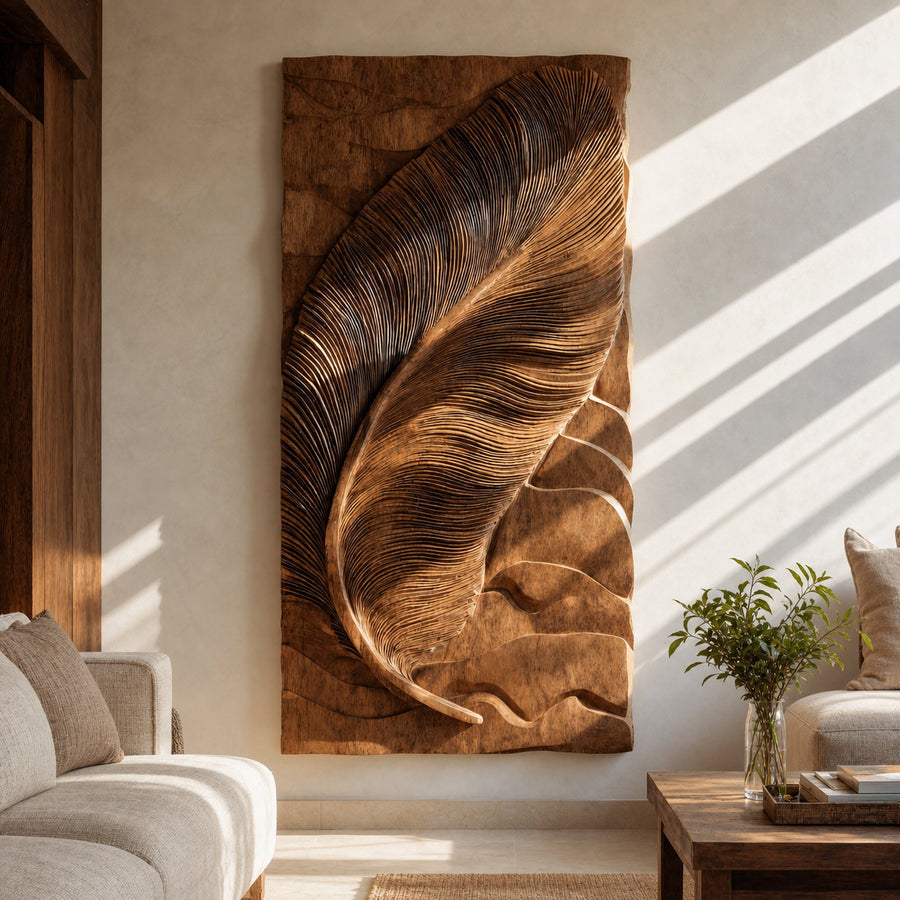 Hand Carved Feather Wall Art For Contemporary Living Room