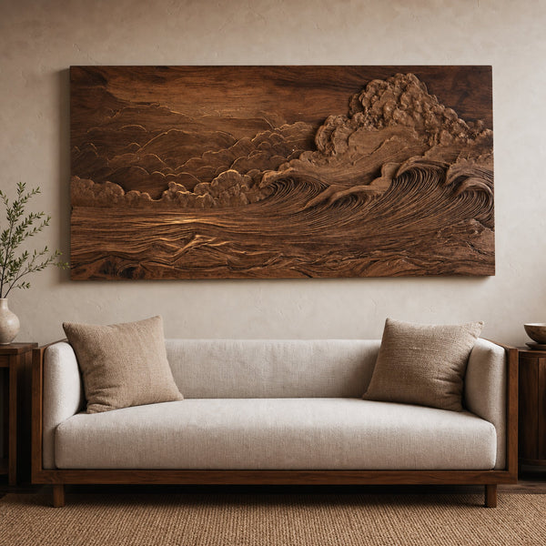 Hand Carved Wall Art With Ocean And Clouds For Living Room