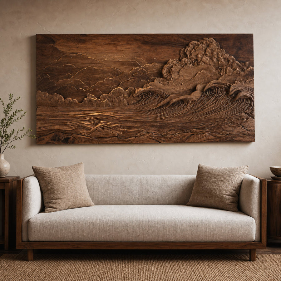 Hand Carved Wall Art With Ocean And Clouds For Living Room