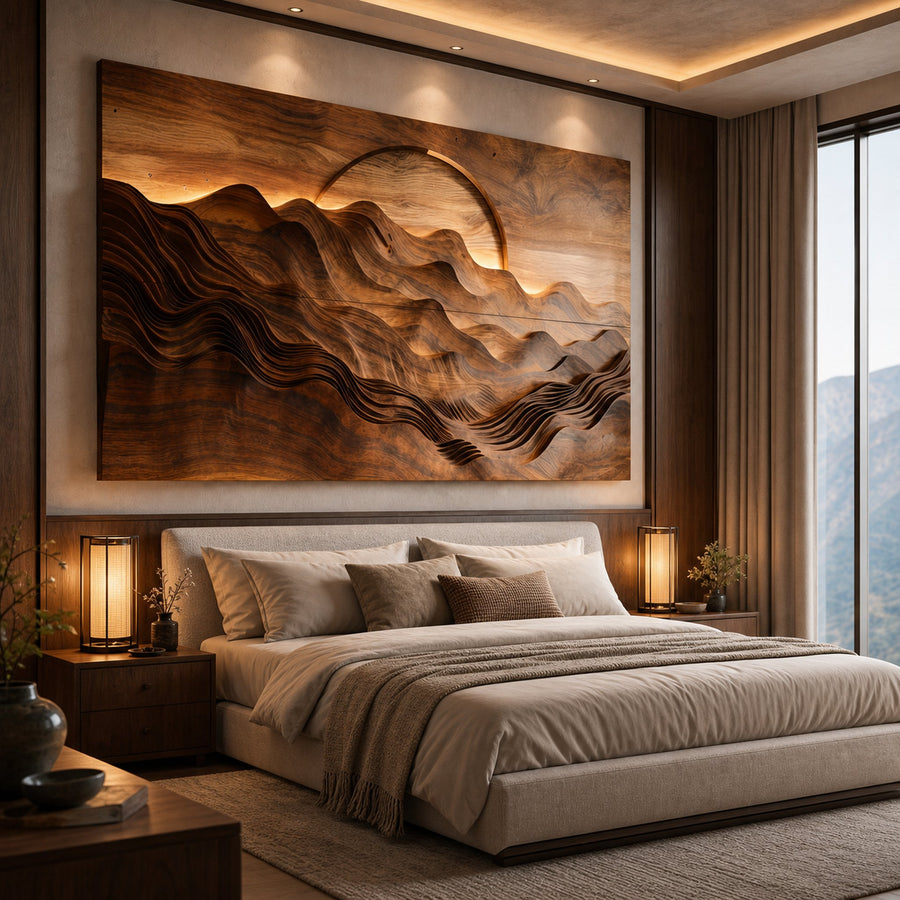 Hand Carved Wooden Mountain Landscape Wall Art for Bedroom