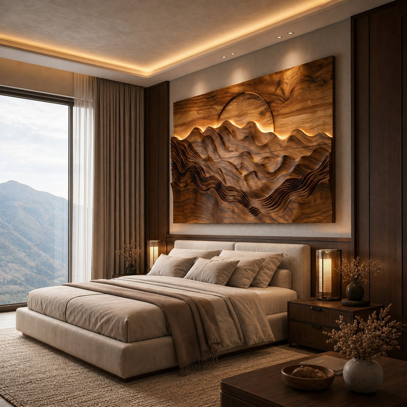 Hand Carved Wooden Mountain Landscape Wall Art for Bedroom - product view 6