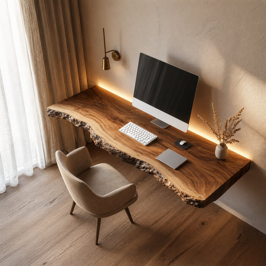 Handcrafted Floating Writing Desk Solid Wood Study Room Interior Statement Design
