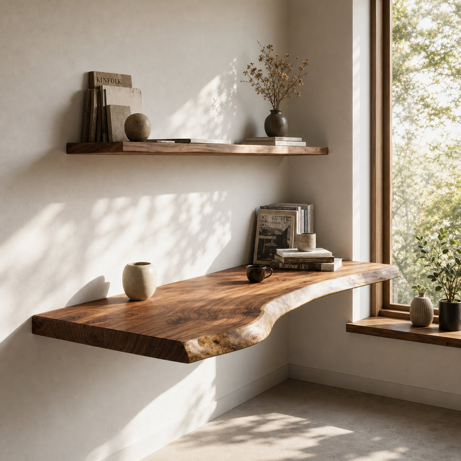 Handcrafted Live Edge Floating Work Desk Modern Corner Workspace