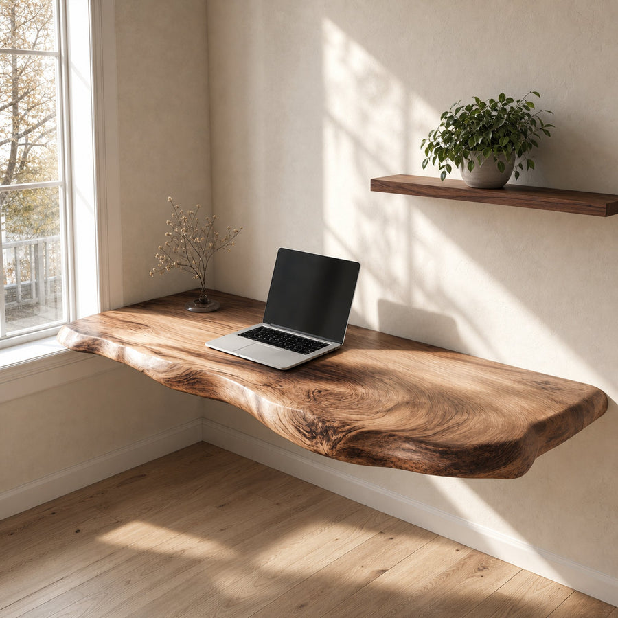 Handcrafted Live Edge Floating Work Shelf Modern Study Interior