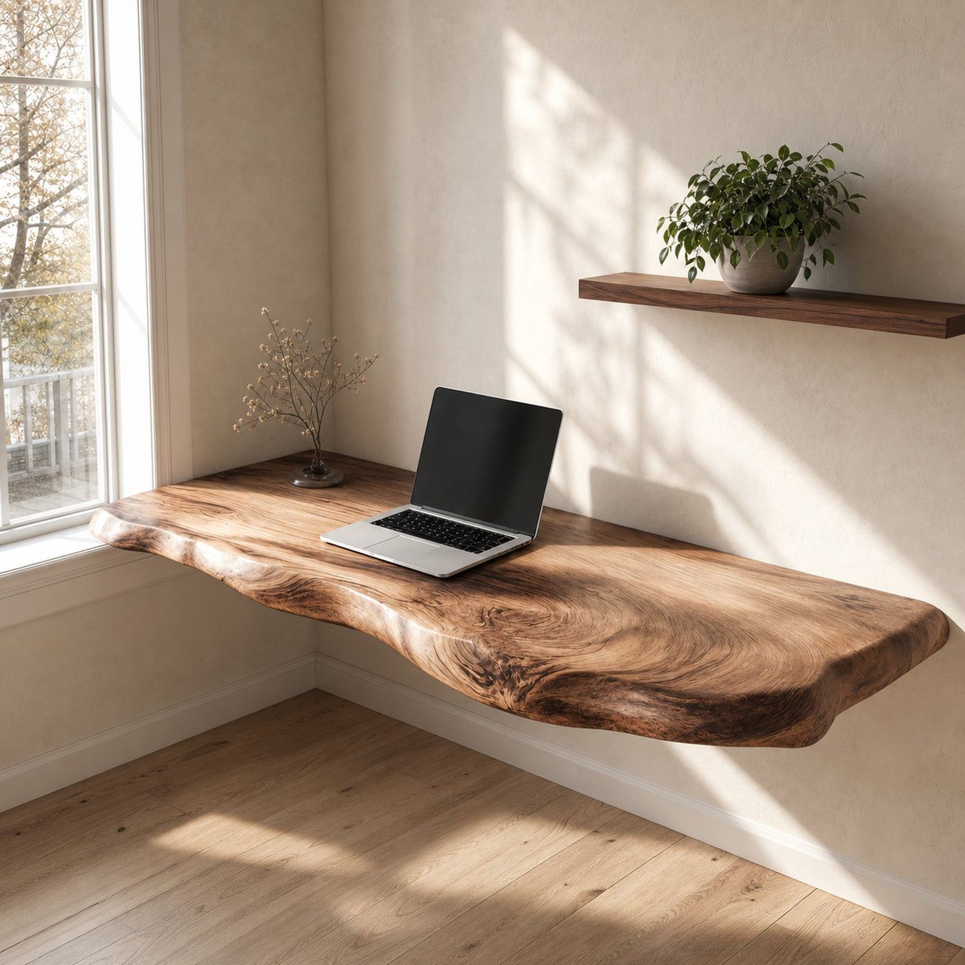 Handcrafted Live Edge Floating Work Shelf Modern Study Interior