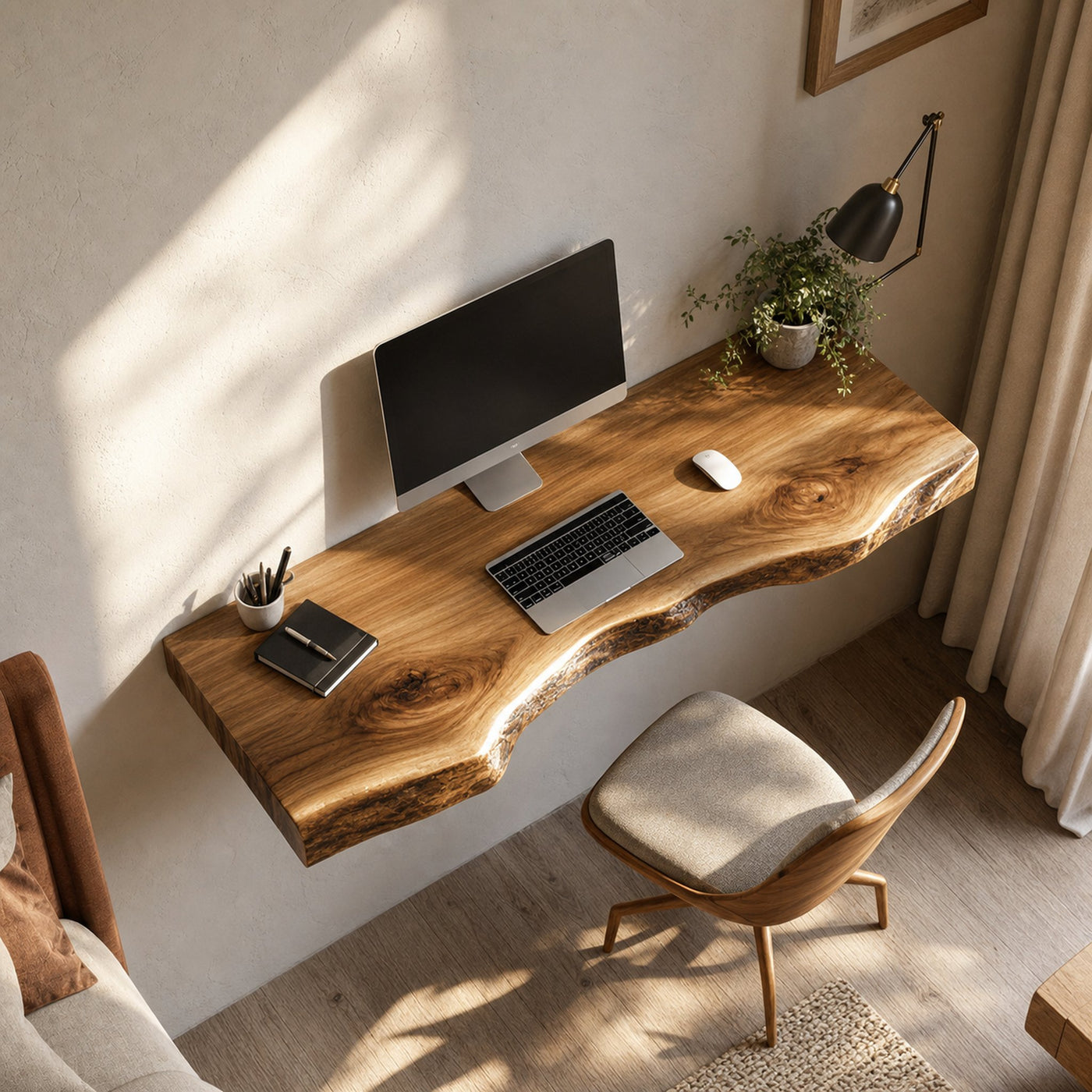 Handcrafted Live Edge Wall Desk Solid Wood Study Room Interior Artistic Design