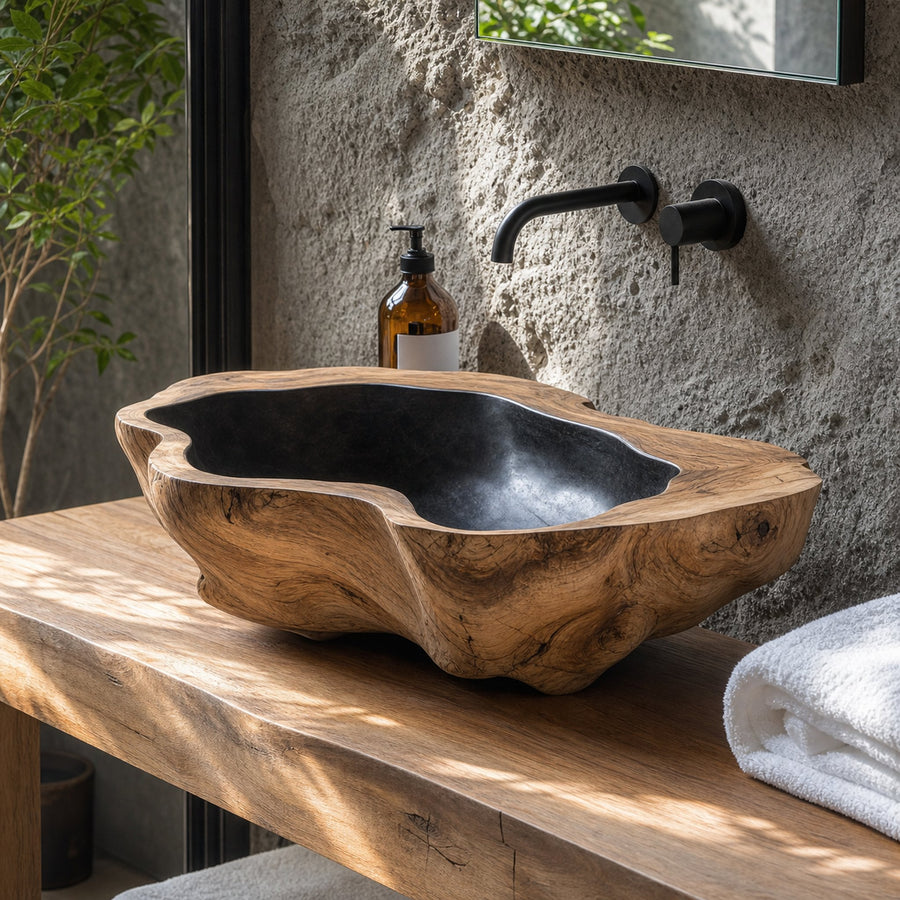 Handcrafted Mid Century Wood Wash Basin For Bathroom